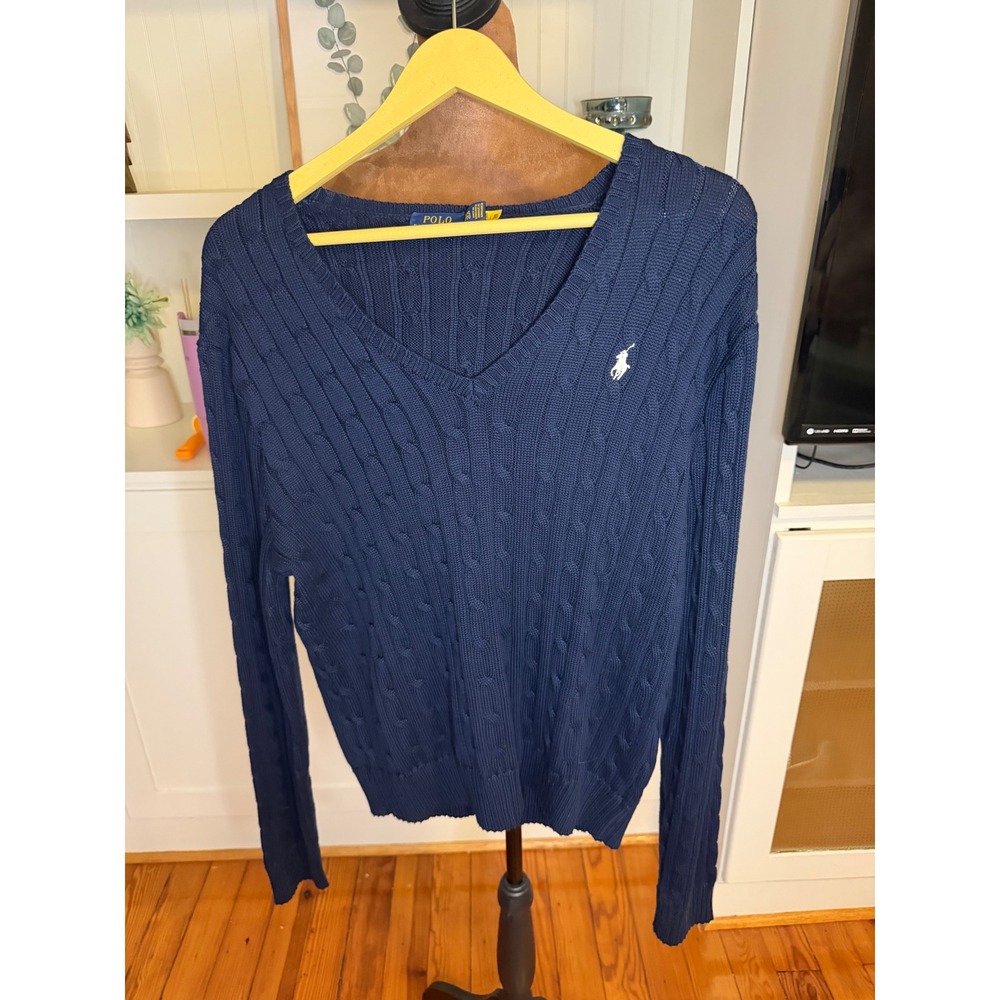 Polo Ralph Lauren Navy Blue Cable Knit V-Neck Cotton Sweater XXL Womens